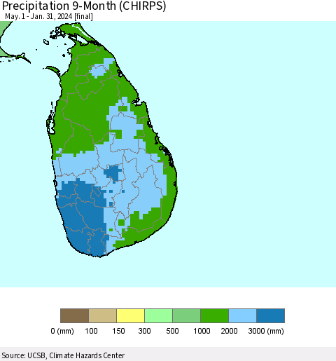 Sri Lanka Precipitation 9-Month (CHIRPS) Thematic Map For 5/1/2023 - 1/31/2024