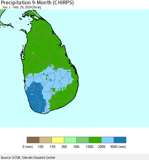 Sri Lanka Precipitation 9-Month (CHIRPS) Thematic Map For 6/1/2023 - 2/29/2024