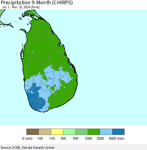 Sri Lanka Precipitation 9-Month (CHIRPS) Thematic Map For 7/1/2023 - 3/31/2024