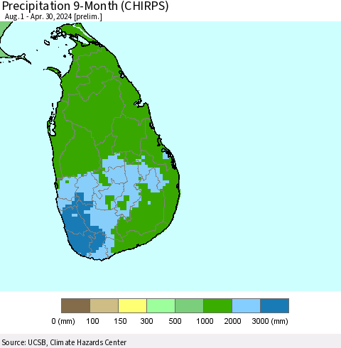 Sri Lanka Precipitation 9-Month (CHIRPS) Thematic Map For 8/1/2023 - 4/30/2024