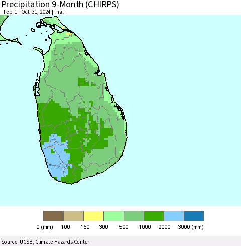 Sri Lanka Precipitation 9-Month (CHIRPS) Thematic Map For 2/1/2024 - 10/31/2024