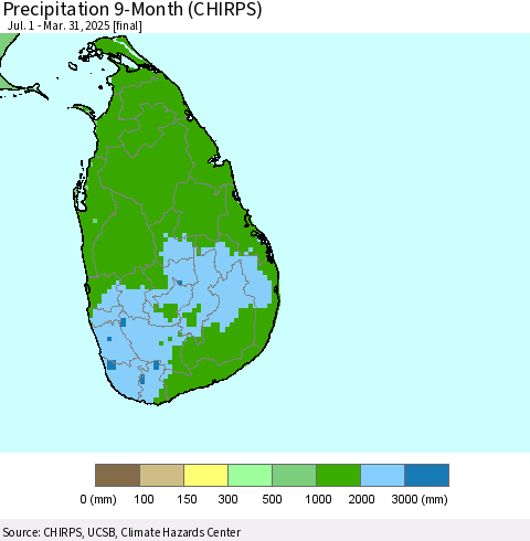 Sri Lanka Precipitation 9-Month (CHIRPS) Thematic Map For 7/1/2024 - 3/31/2025