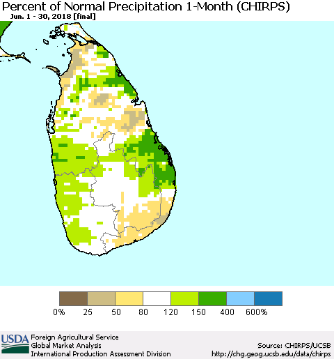 Sri Lanka Percent of Normal Precipitation 1-Month (CHIRPS) Thematic Map For 6/1/2018 - 6/30/2018