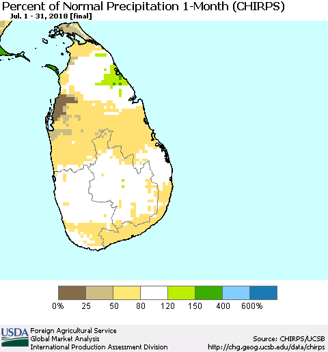 Sri Lanka Percent of Normal Precipitation 1-Month (CHIRPS) Thematic Map For 7/1/2018 - 7/31/2018