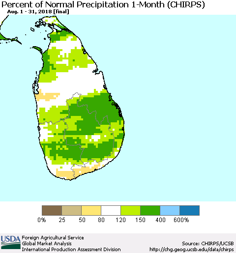 Sri Lanka Percent of Normal Precipitation 1-Month (CHIRPS) Thematic Map For 8/1/2018 - 8/31/2018