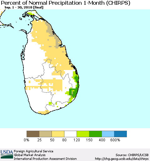 Sri Lanka Percent of Normal Precipitation 1-Month (CHIRPS) Thematic Map For 9/1/2018 - 9/30/2018