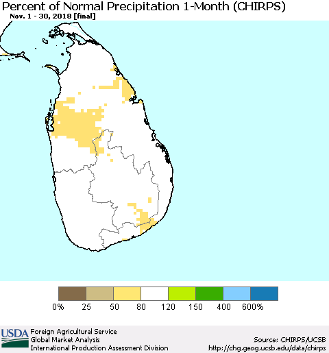 Sri Lanka Percent of Normal Precipitation 1-Month (CHIRPS) Thematic Map For 11/1/2018 - 11/30/2018