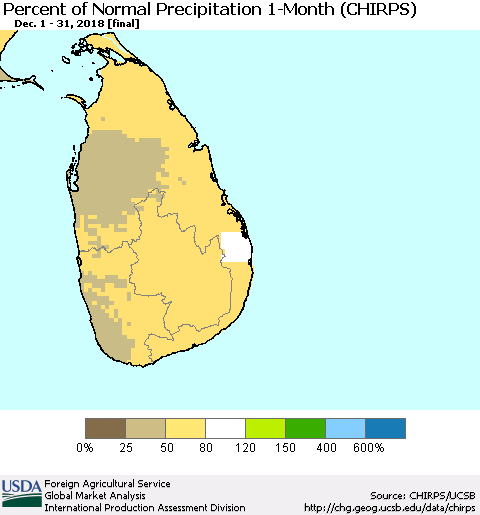 Sri Lanka Percent of Normal Precipitation 1-Month (CHIRPS) Thematic Map For 12/1/2018 - 12/31/2018