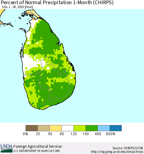 Sri Lanka Percent of Normal Precipitation 1-Month (CHIRPS) Thematic Map For 2/1/2019 - 2/28/2019