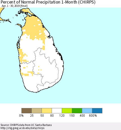 Sri Lanka Percent of Normal Precipitation 1-Month (CHIRPS) Thematic Map For 4/1/2019 - 4/30/2019