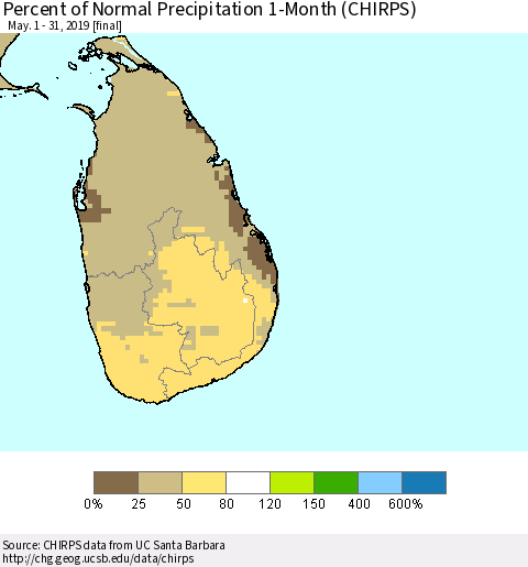 Sri Lanka Percent of Normal Precipitation 1-Month (CHIRPS) Thematic Map For 5/1/2019 - 5/31/2019
