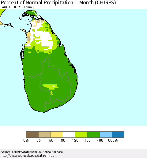 Sri Lanka Percent of Normal Precipitation 1-Month (CHIRPS) Thematic Map For 8/1/2019 - 8/31/2019