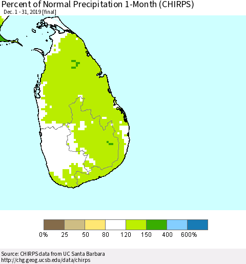 Sri Lanka Percent of Normal Precipitation 1-Month (CHIRPS) Thematic Map For 12/1/2019 - 12/31/2019