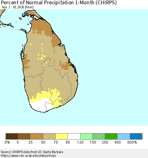 Sri Lanka Percent of Normal Precipitation 1-Month (CHIRPS) Thematic Map For 4/1/2020 - 4/30/2020