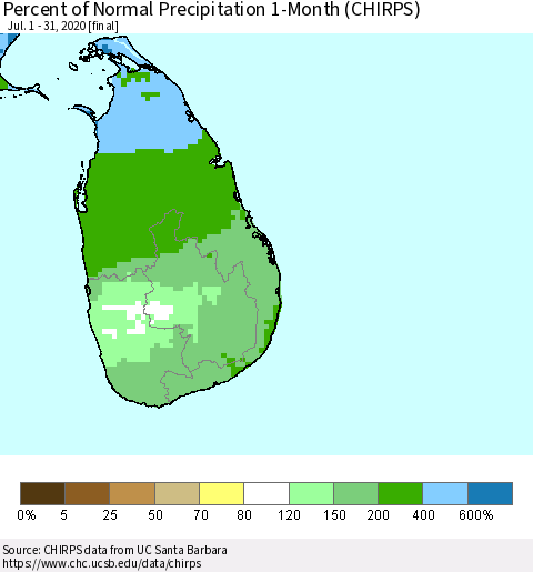 Sri Lanka Percent of Normal Precipitation 1-Month (CHIRPS) Thematic Map For 7/1/2020 - 7/31/2020
