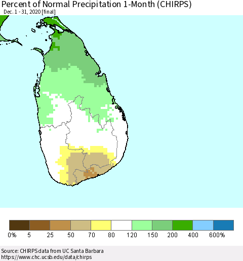 Sri Lanka Percent of Normal Precipitation 1-Month (CHIRPS) Thematic Map For 12/1/2020 - 12/31/2020