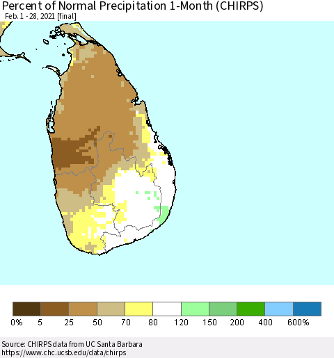 Sri Lanka Percent of Normal Precipitation 1-Month (CHIRPS) Thematic Map For 2/1/2021 - 2/28/2021