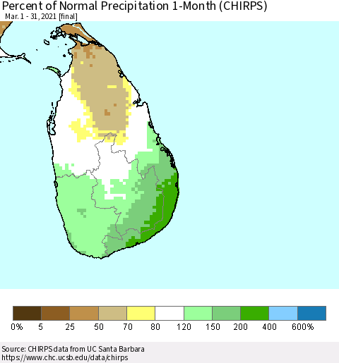 Sri Lanka Percent of Normal Precipitation 1-Month (CHIRPS) Thematic Map For 3/1/2021 - 3/31/2021