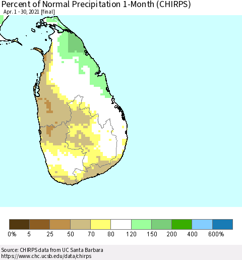 Sri Lanka Percent of Normal Precipitation 1-Month (CHIRPS) Thematic Map For 4/1/2021 - 4/30/2021
