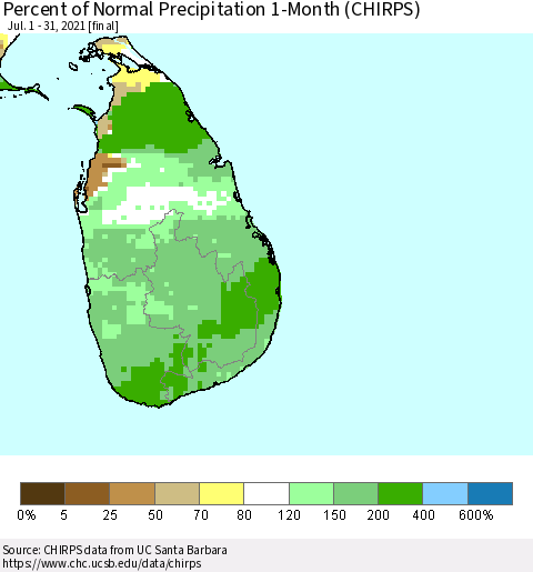 Sri Lanka Percent of Normal Precipitation 1-Month (CHIRPS) Thematic Map For 7/1/2021 - 7/31/2021