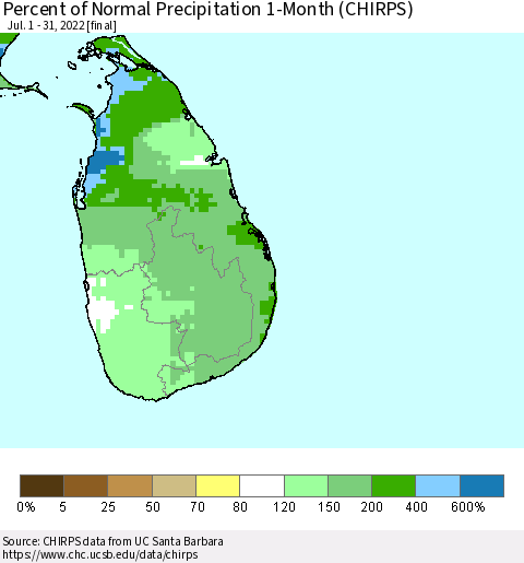 Sri Lanka Percent of Normal Precipitation 1-Month (CHIRPS) Thematic Map For 7/1/2022 - 7/31/2022