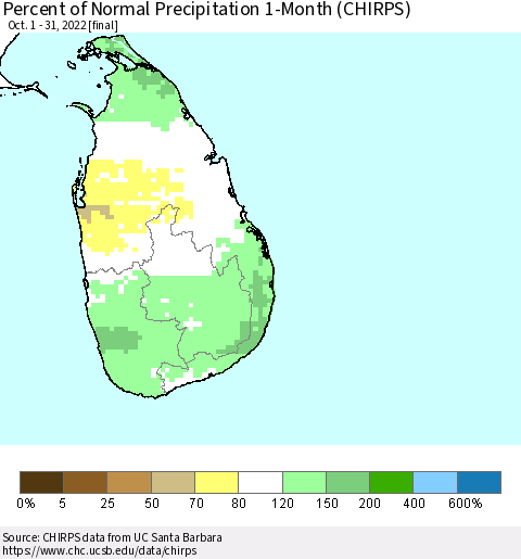 Sri Lanka Percent of Normal Precipitation 1-Month (CHIRPS) Thematic Map For 10/1/2022 - 10/31/2022