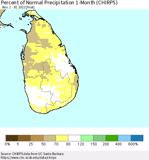 Sri Lanka Percent of Normal Precipitation 1-Month (CHIRPS) Thematic Map For 11/1/2022 - 11/30/2022