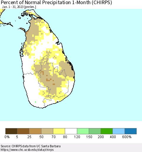 Sri Lanka Percent of Normal Precipitation 1-Month (CHIRPS) Thematic Map For 1/1/2023 - 1/31/2023