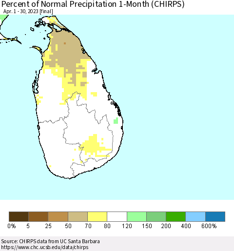 Sri Lanka Percent of Normal Precipitation 1-Month (CHIRPS) Thematic Map For 4/1/2023 - 4/30/2023