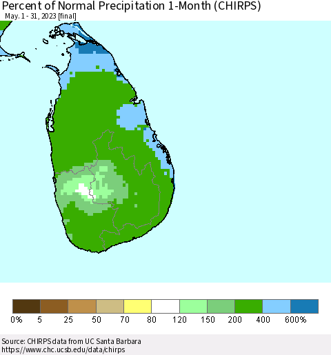 Sri Lanka Percent of Normal Precipitation 1-Month (CHIRPS) Thematic Map For 5/1/2023 - 5/31/2023