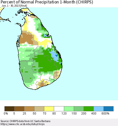 Sri Lanka Percent of Normal Precipitation 1-Month (CHIRPS) Thematic Map For 6/1/2023 - 6/30/2023
