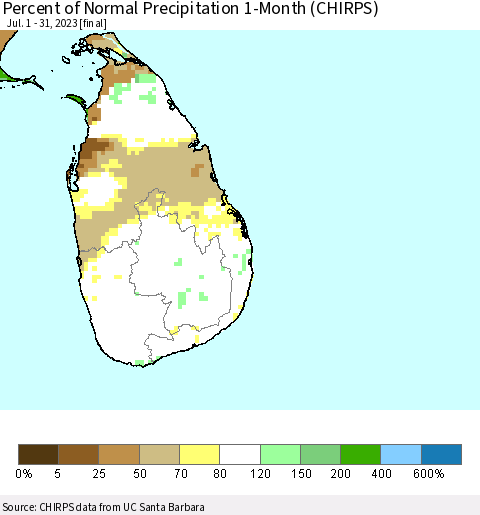Sri Lanka Percent of Normal Precipitation 1-Month (CHIRPS) Thematic Map For 7/1/2023 - 7/31/2023