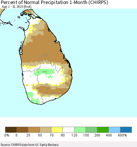 Sri Lanka Percent of Normal Precipitation 1-Month (CHIRPS) Thematic Map For 8/1/2023 - 8/31/2023