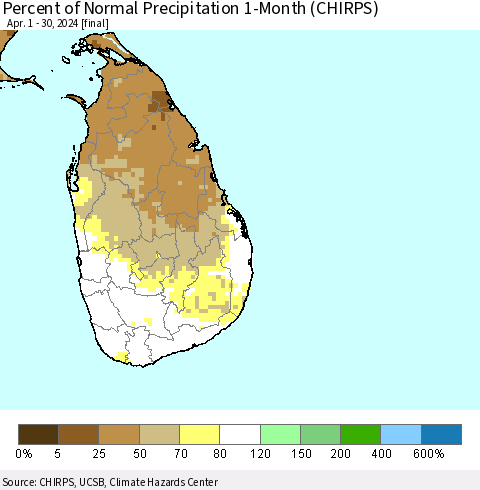 Sri Lanka Percent of Normal Precipitation 1-Month (CHIRPS) Thematic Map For 4/1/2024 - 4/30/2024