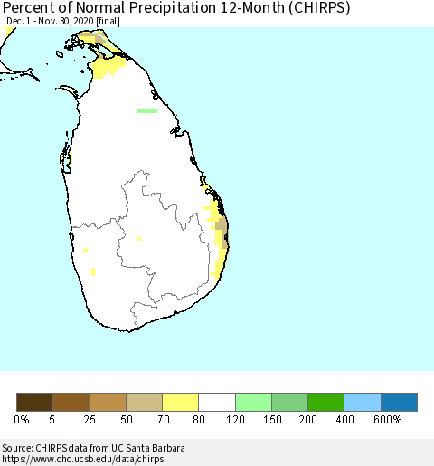 Sri Lanka Percent of Normal Precipitation 12-Month (CHIRPS) Thematic Map For 12/1/2019 - 11/30/2020