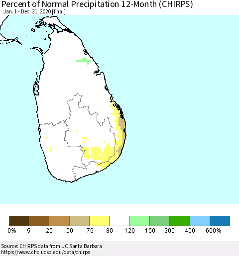 Sri Lanka Percent of Normal Precipitation 12-Month (CHIRPS) Thematic Map For 1/1/2020 - 12/31/2020