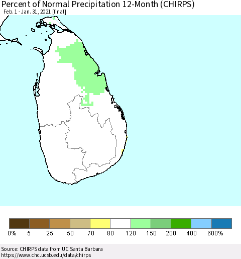 Sri Lanka Percent of Normal Precipitation 12-Month (CHIRPS) Thematic Map For 2/1/2020 - 1/31/2021