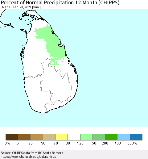 Sri Lanka Percent of Normal Precipitation 12-Month (CHIRPS) Thematic Map For 3/1/2020 - 2/28/2021
