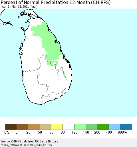 Sri Lanka Percent of Normal Precipitation 12-Month (CHIRPS) Thematic Map For 4/1/2020 - 3/31/2021