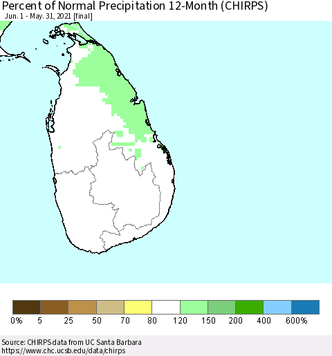 Sri Lanka Percent of Normal Precipitation 12-Month (CHIRPS) Thematic Map For 6/1/2020 - 5/31/2021