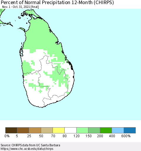 Sri Lanka Percent of Normal Precipitation 12-Month (CHIRPS) Thematic Map For 11/1/2020 - 10/31/2021
