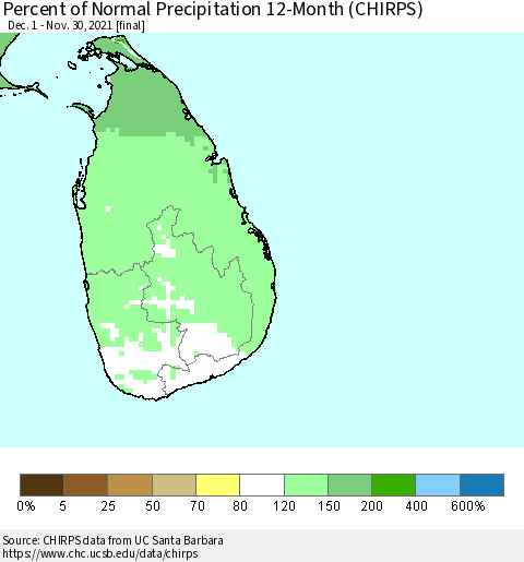 Sri Lanka Percent of Normal Precipitation 12-Month (CHIRPS) Thematic Map For 12/1/2020 - 11/30/2021