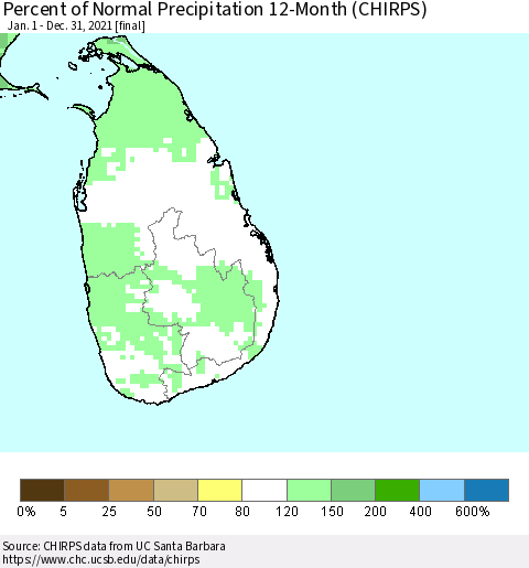 Sri Lanka Percent of Normal Precipitation 12-Month (CHIRPS) Thematic Map For 1/1/2021 - 12/31/2021