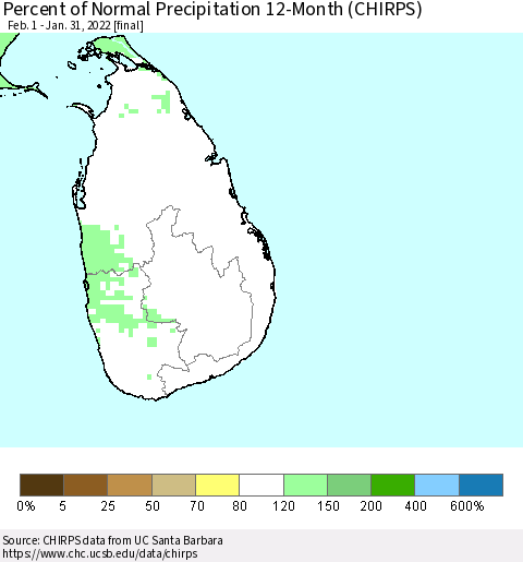 Sri Lanka Percent of Normal Precipitation 12-Month (CHIRPS) Thematic Map For 2/1/2021 - 1/31/2022