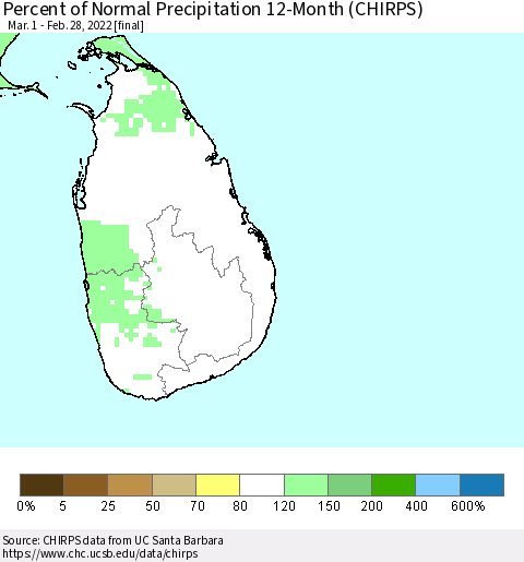 Sri Lanka Percent of Normal Precipitation 12-Month (CHIRPS) Thematic Map For 3/1/2021 - 2/28/2022