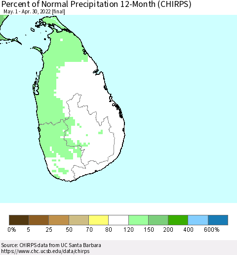Sri Lanka Percent of Normal Precipitation 12-Month (CHIRPS) Thematic Map For 5/1/2021 - 4/30/2022