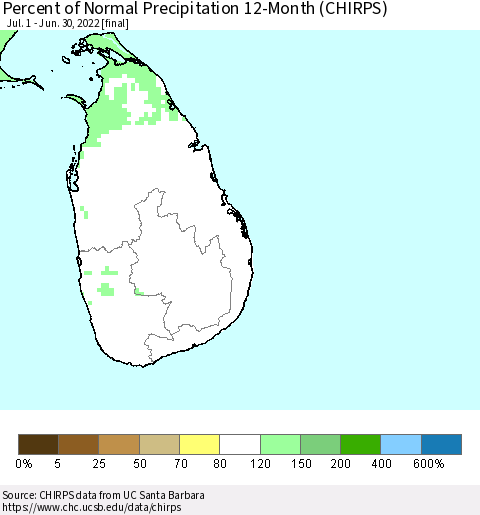 Sri Lanka Percent of Normal Precipitation 12-Month (CHIRPS) Thematic Map For 7/1/2021 - 6/30/2022