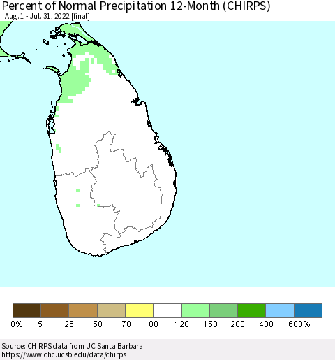 Sri Lanka Percent of Normal Precipitation 12-Month (CHIRPS) Thematic Map For 8/1/2021 - 7/31/2022