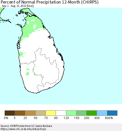 Sri Lanka Percent of Normal Precipitation 12-Month (CHIRPS) Thematic Map For 9/1/2021 - 8/31/2022