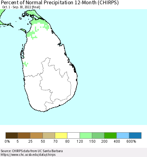 Sri Lanka Percent of Normal Precipitation 12-Month (CHIRPS) Thematic Map For 10/1/2021 - 9/30/2022